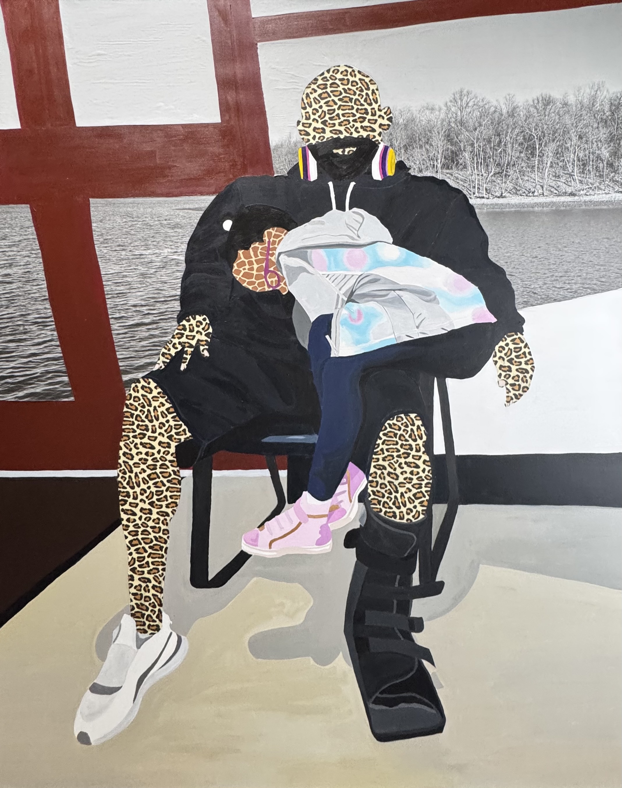 Always Sleep in Paw Pawâs Lap, 2025 Acrylic, tissue paper, vellum on canvas 48 x 60 inches