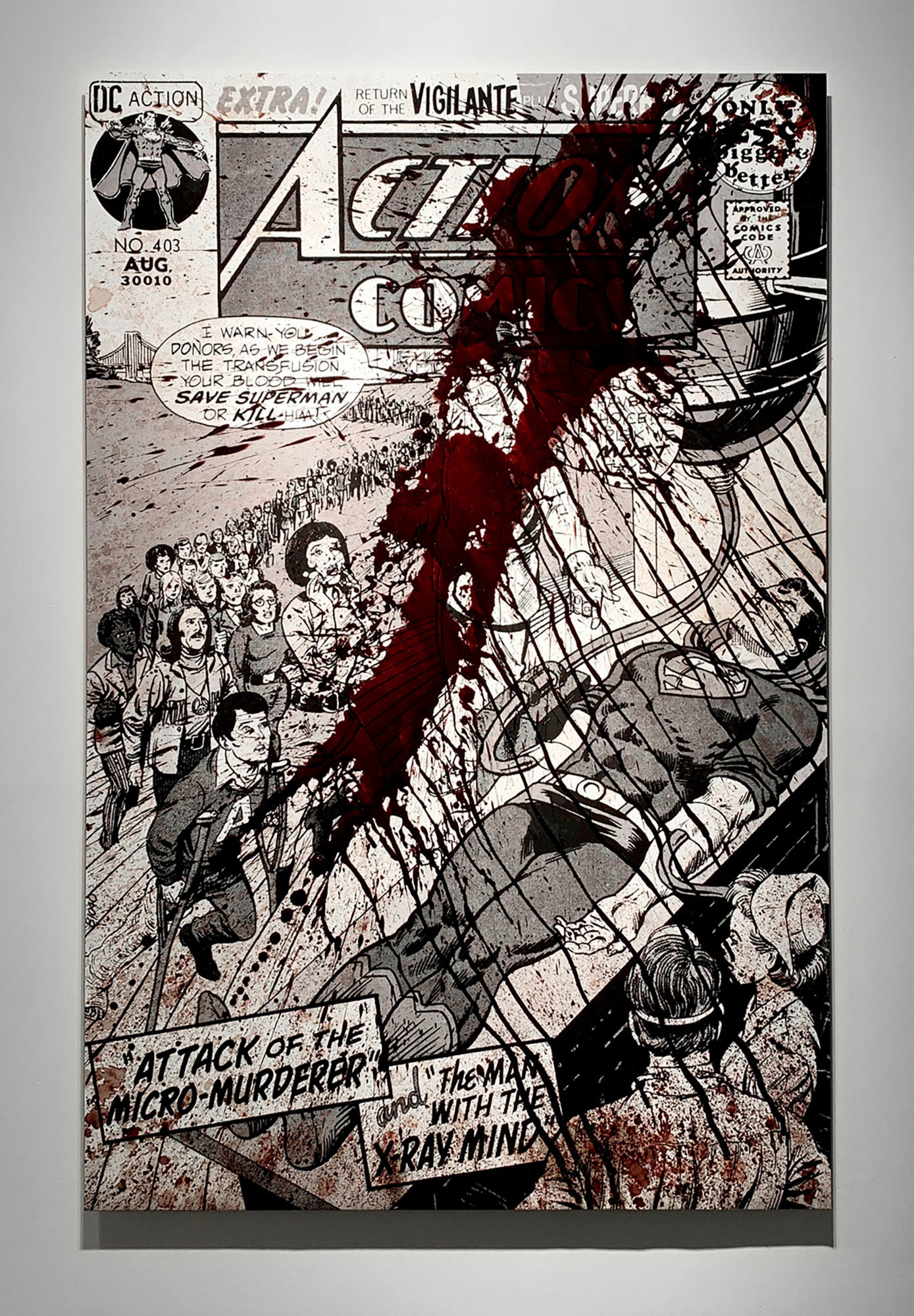Action Comics 'Attack of the Micro-Murderer' cover with blood splatter on it