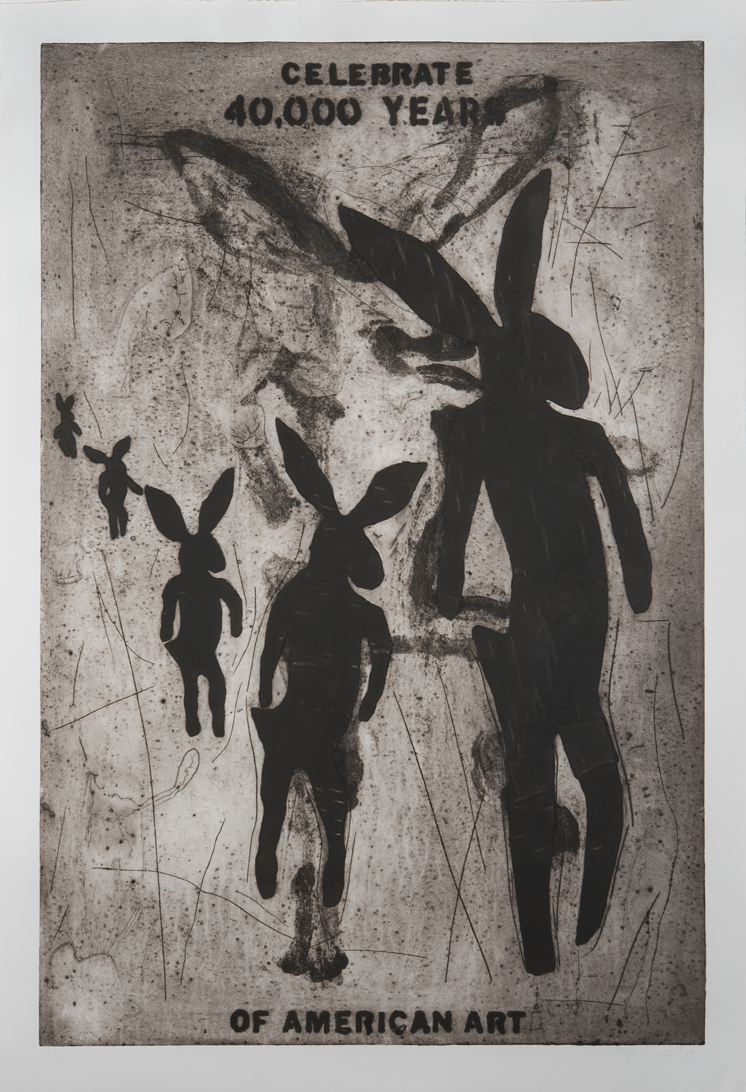 Jaune Quick-to-See Smith (Citizen of the Confederated Salish and Kootenai Nation), Celebrate 40,000 Years of American Art, 1995. Collagraph. Collection Zimmerli Art Museum at Rutgers University Jersey City Museum Collection, gift of Jersey City Museum, gift of anonymous donor. Photo Peter Jacobs.