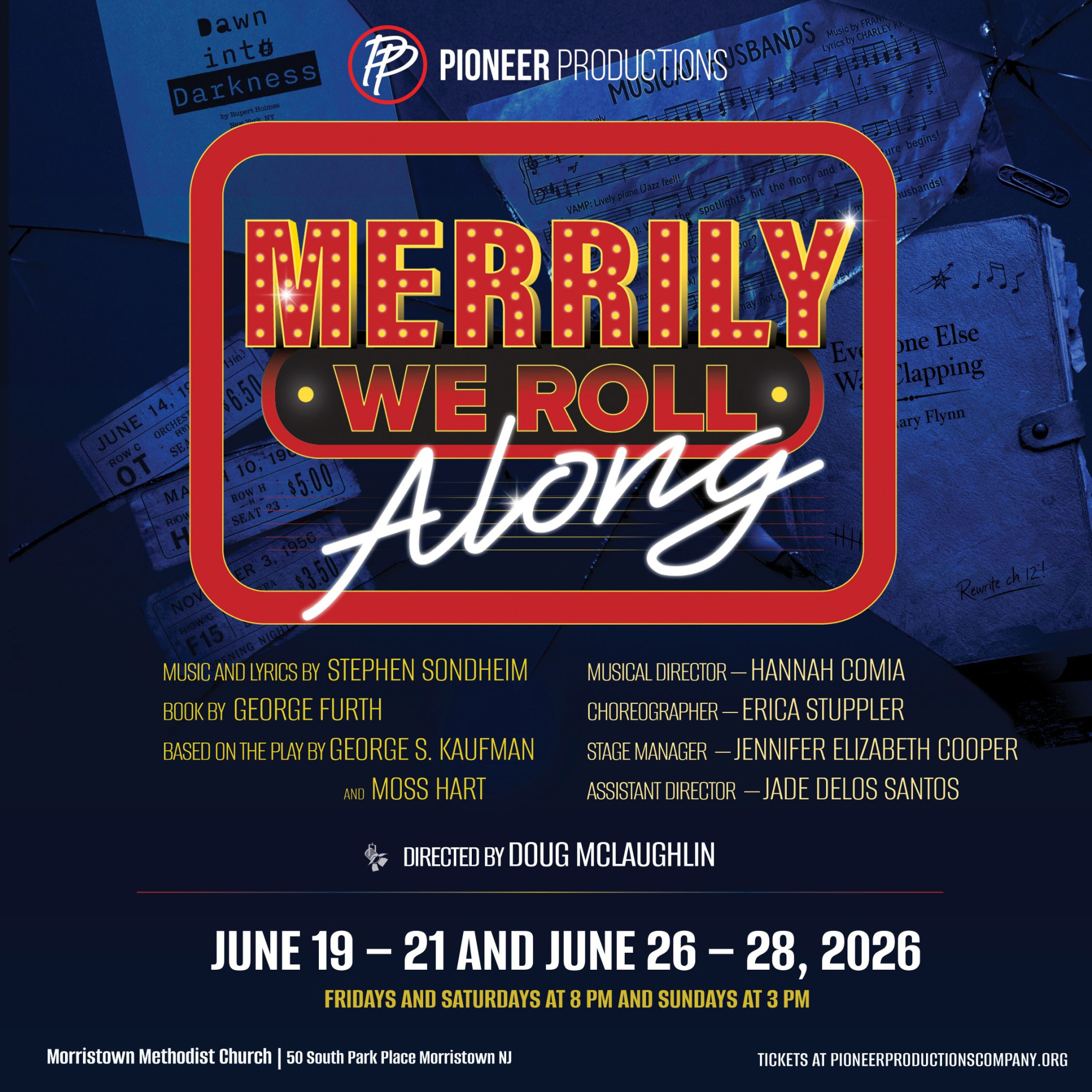 Logo for Merrily We Roll Along with billing information