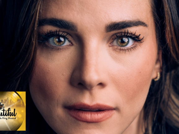 Headshot of Kyra Kennedy with a logo of the Beautiful: The Carole King Musical