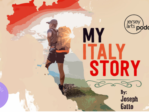 My Italy Story poster with DJA month logo and Jersey Arts podcast logo