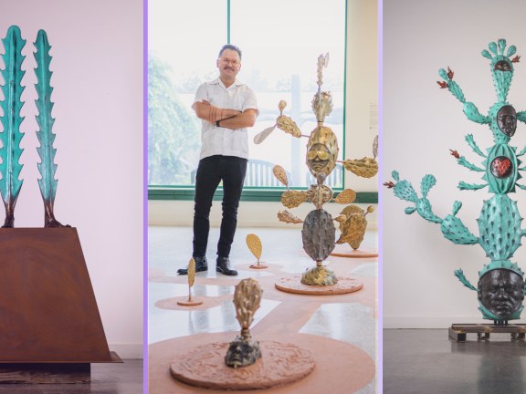 Salvador Jiménez-Flores sculpture on the left and right, with the artist in the middle