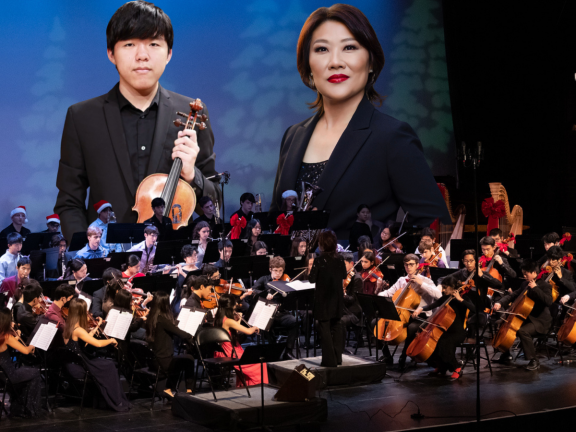 New Jersey Youth Symphony performing on stage with conductors in the background