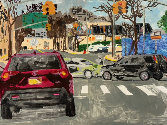 Painting of a car with an open door in the middle of the street as traffic continues further down the road