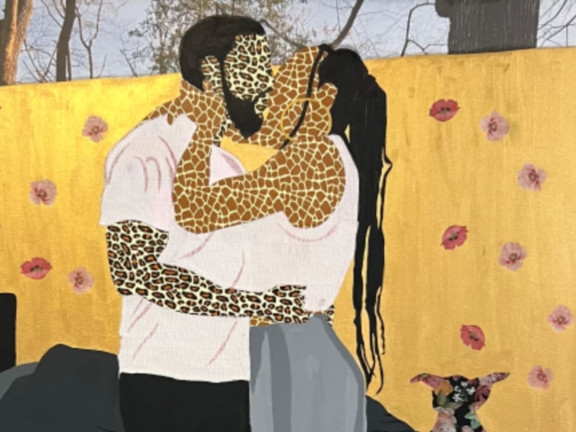 Closed Eyes Because I’m Practicing Trust (The Kiss), 2026 Acrylic, tissue paper, vellum 60 x 72 inches