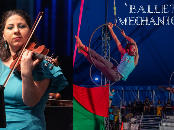 Woman playing violin next to aerobic performer