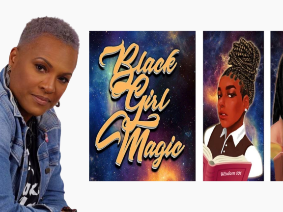 Image of a black woman next to a poster
