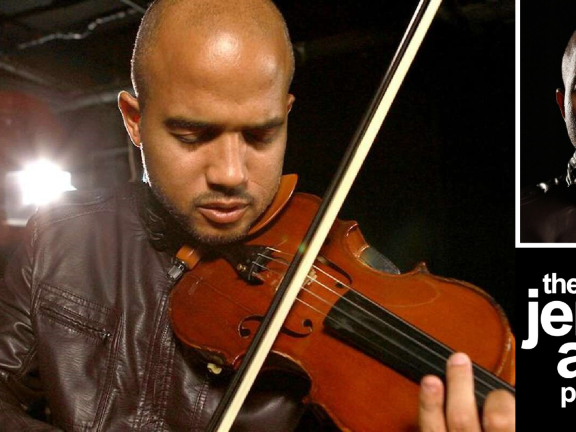 Daniel Bernard Roumain playing the violin next to his headshot