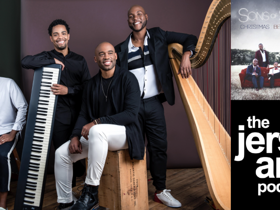Sons of Serendip group image alongside their album cover and JerseyArts Podcast logo