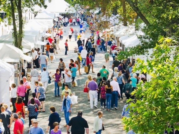 People walking through festival