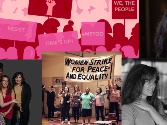 Protests advocating equality for women alongside photos of women