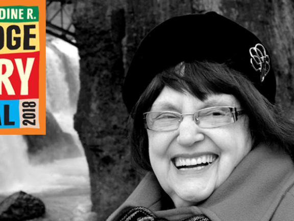 Poetry Festival logo and a headshot of an elderly woman
