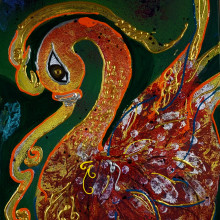 Painting on canvas of a brightly colored bird