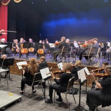 Orchestra performs in a large auditorium