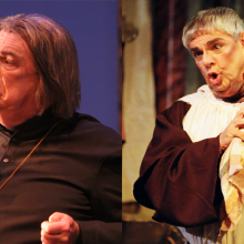 actors dressed as a priest and a friar performing a song