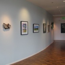 A hallway with framed pictures and a wooden floor