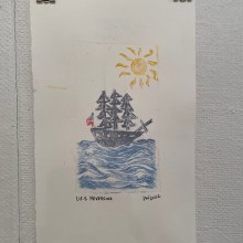 a letterpress print of a drawing of a boat on the ocean with the Sun above it, U.S.S. Neversink written below it