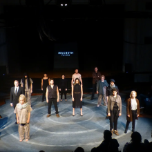 An action shot of a reimagined Macbeth production at Hudson Theatre Works