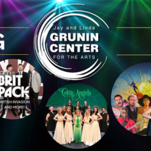 Promotional banner for the Grunin Center's Spring 2026 events with colorful stage lights, event logos, and performance image