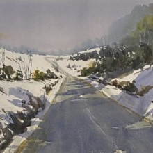 watercolor painting depicts a lone road that parts a snowy landscape