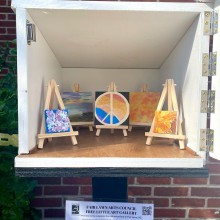Fair Lawn Arts Council Free Little Art Gallery, a box with tiny paintings on tiny easels