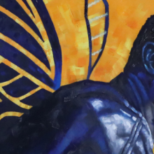 Painting of a man painted blue with a blue hieroglyphic behind him and a yellow background
