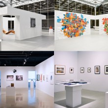 A collage of images showing different exhibits, from paper mache to photography to sculpture
