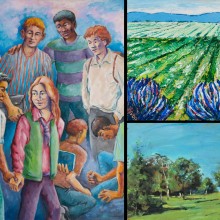 Three paintings, one painting of a group of people and two of different landscapes: examples of work shown in the PCCHC