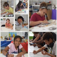 Multiple images of different kids drawing and making art