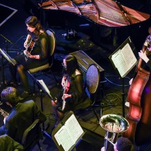 Overhead shot of an orchestra playing.