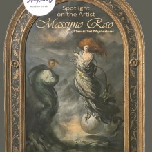 "Travelers on a Sea of Fog" framed painting with two figures on a stormy sea by Massimo Rao on exhibit through October 2025