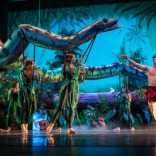 Dancers performing in "Mowgli".  Jungle scene of blues and greens.