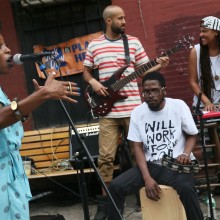 Funk band on a sidewalk at Make Music Day