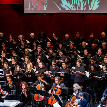 Large choir dressed in black performing with a seated orchestra on stage under red lighting in a concert hall.  If you would