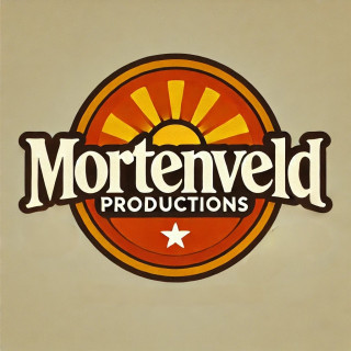 Mortenveld Productions logo featuring bold white lettering over an orange and red circular sunburst design with a small whit