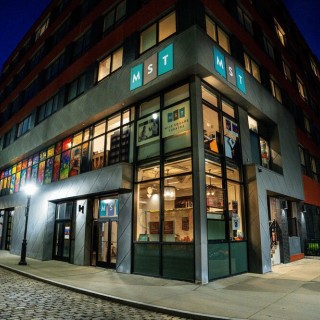 Outside of MST theater at 1400 Clinton Street, Hoboken, at night
