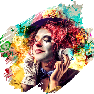 Image of person with colorful hair and makeup listening to music in headphones