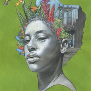 Image of an African American woman with a crown made of a collage of images of birds and a bridge