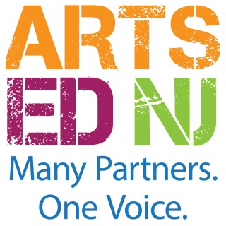 Arts Ed NJ Logo in block colorful letters with Many Partners, One Voice Tagline