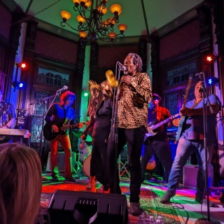 A band performing live on stage at the Lizzie Rose Music Room