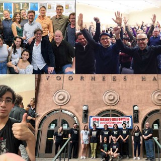 A collage of photos of audience members, filmmakers, and students.