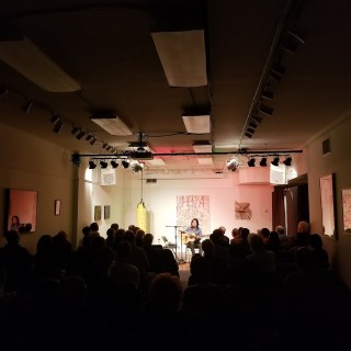 A singer/songwriter performing in front of a crowd at the Puffin Cultural Forum
