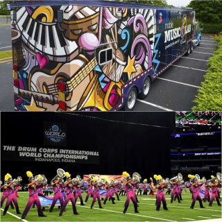 2 images include a mobile music lab(an 18-wheeled trailer brightly painted), the other is of brass and drumming musician pla