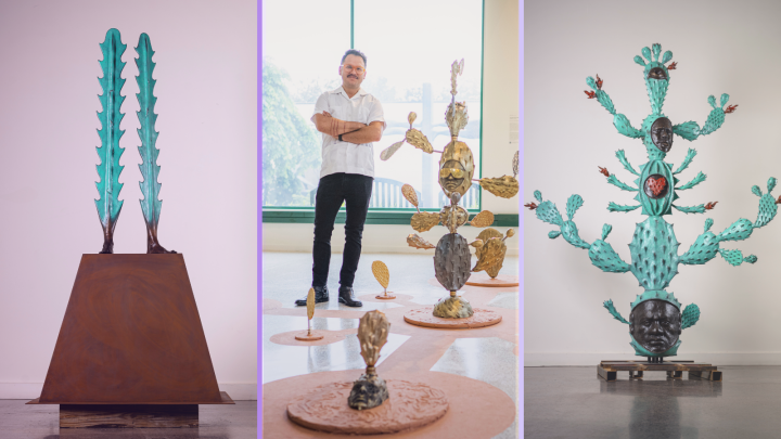 Salvador Jiménez-Flores sculpture on the left and right, with the artist in the middle