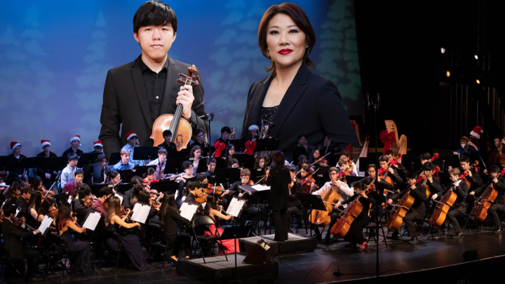 New Jersey Youth Symphony performing on stage with conductors in the background