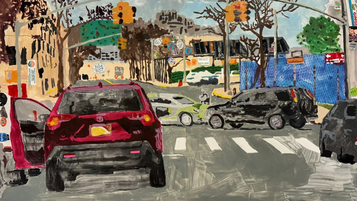 Painting of a car with an open door in the middle of the street as traffic continues further down the road