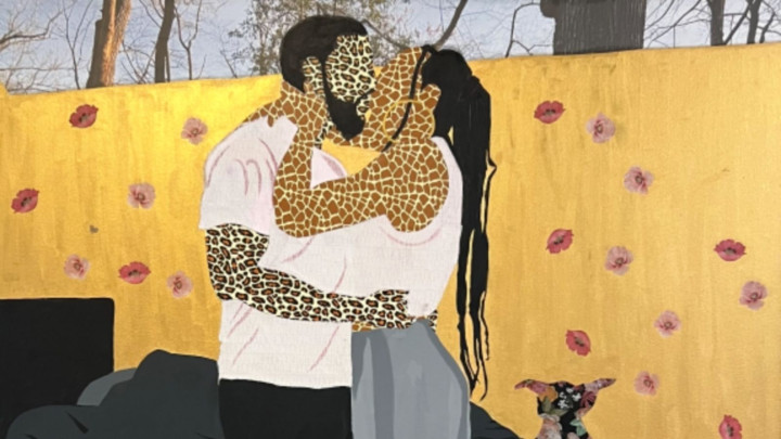Closed Eyes Because I’m Practicing Trust (The Kiss), 2026 Acrylic, tissue paper, vellum 60 x 72 inches