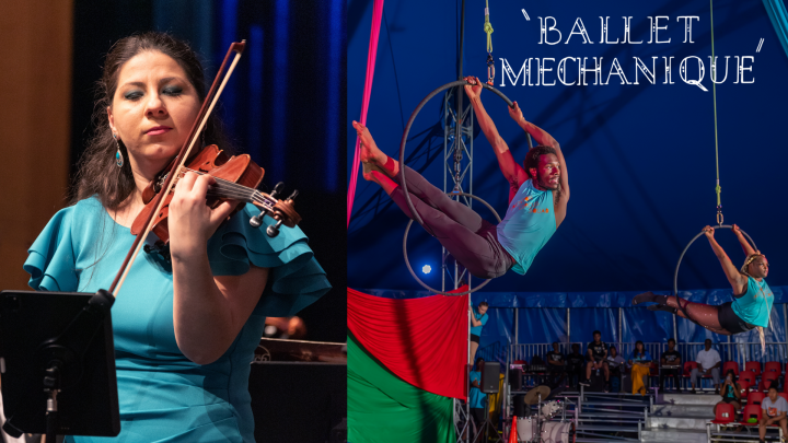 Woman playing violin next to aerobic performer