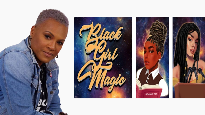 Image of a black woman next to a poster
